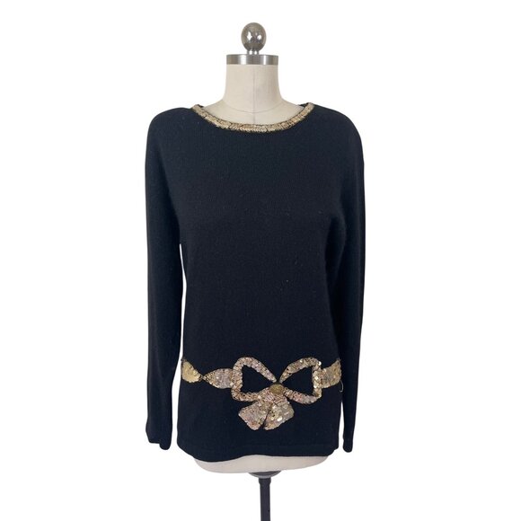 Karen Scott VTG Y2K Tunic Sweater Medium Black Wool Gold Sequin Avant Garde - Picture 1 of 10